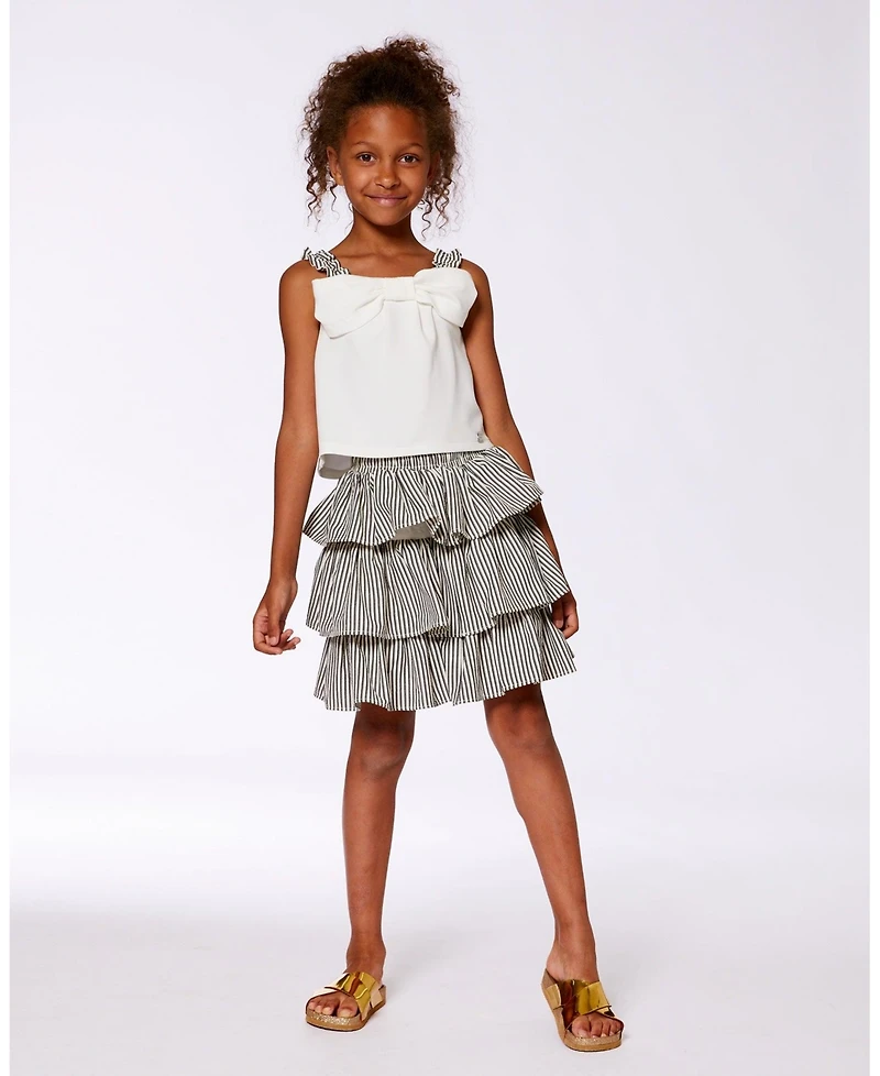Deux par Deux Toddler Girls Bow Top And Ruffled Skirt Set White And Black Striped - Toddler|Child