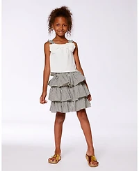 Deux par Deux Toddler Girls Bow Top And Ruffled Skirt Set White And Black Striped - Toddler|Child