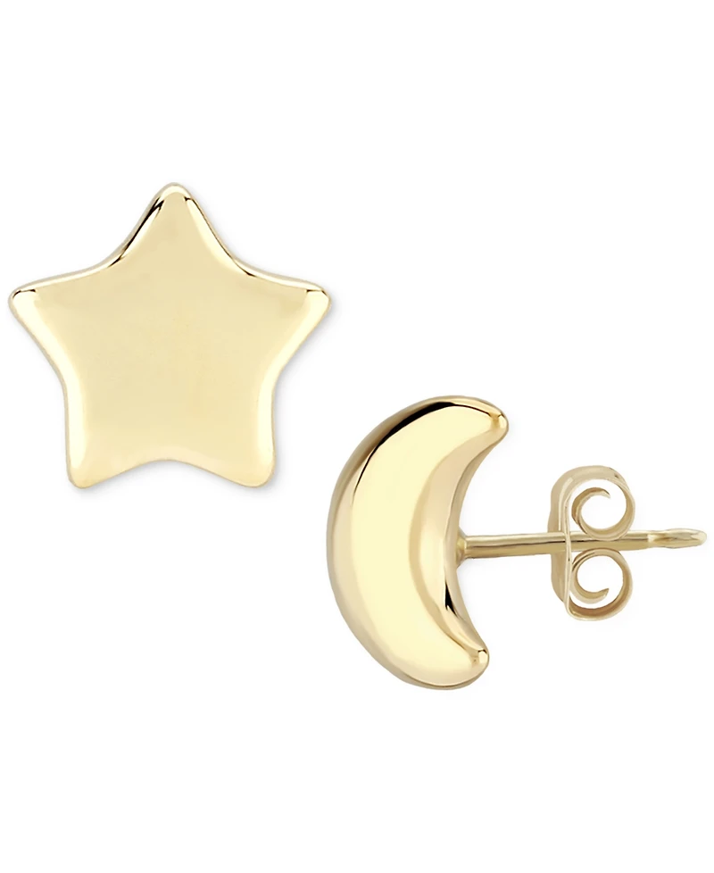 Star & Moon Stud Earrings Set in 14k Yellow Gold (8mm)