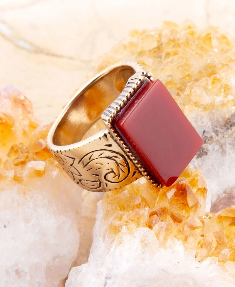 Barse Stamped Orange Carnelian Golden Square Ring