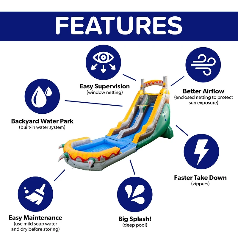Herokiddo T-Rex 18' Water Slide with Detachable Pool & Air Blower, Tall Seating Height, Commercial Grade, 100% Pvc Vinyl, Summer Fun, Outdoor Play, Bl