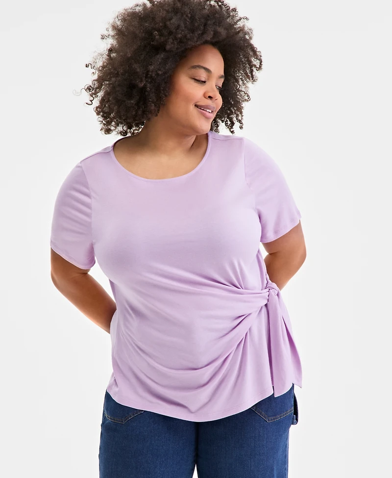 On 34th Trendy Plus Size Elbow-Sleeve Tie-Waist T-Shirt, Exclusively at Macy's