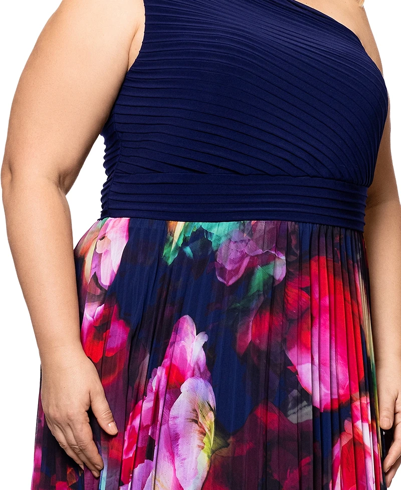 Xscape Plus One-Shoulder Pleated Gown