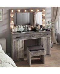 Vanity Desk Set with Large Lighted Mirror and Power Outlet for Convenient Makeup Grooming