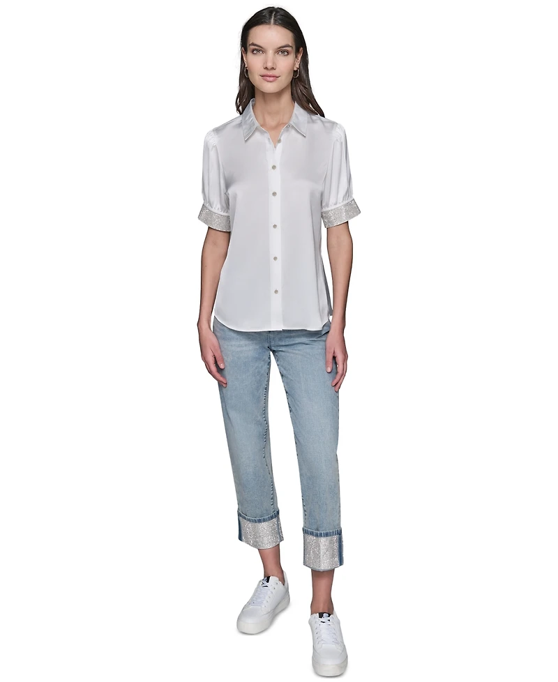 Karl Lagerfeld Paris Women's Satin Rhinestone-Cuff Button-Front Top