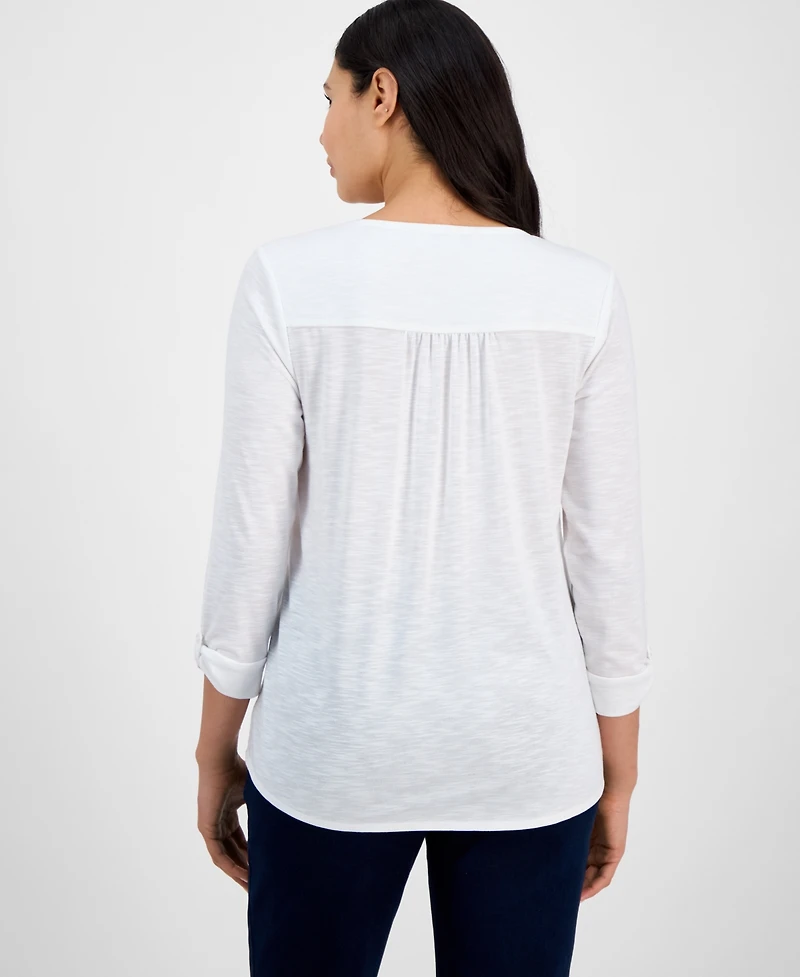 Kasper Women's Draped Cuffed-Sleeve Henley-Neck Top