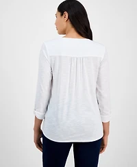 Kasper Women's Draped Cuffed-Sleeve Henley-Neck Top