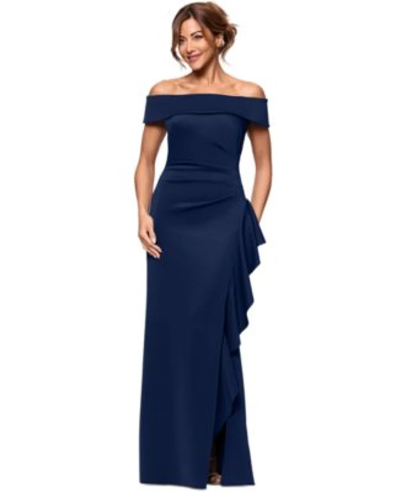 Xscape Womens Off The Shoulder Ruffled Side Slit Gown