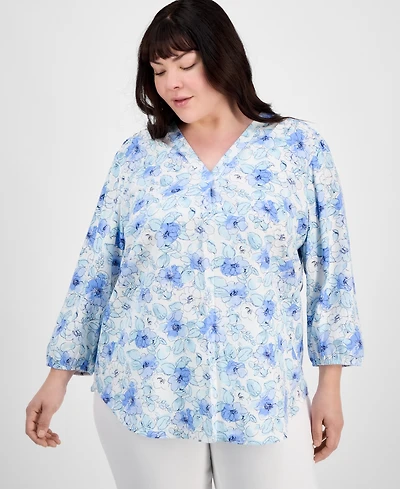 Jones New York Plus Size Floral-Print Linen-Blend Tunic