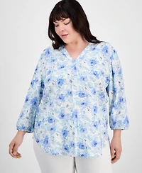Jones New York Plus Size Floral-Print Linen-Blend Tunic