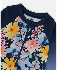 Deux par Girl Printed Long Sleeve Rashguard Navy And Yellow Pink Flowers - Toddler|Child
