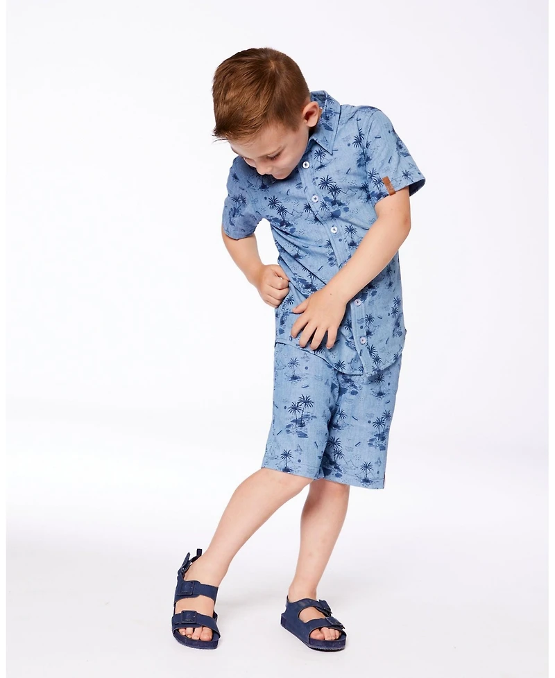 Deux par Deux Toddler Boys Printed Chambray Short Pale Blue And Navy - Toddler|Child
