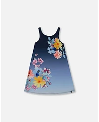 Deux par Deux Girls Printed Beach Dress Yellow, Pink Flowers On Navy Blue Background