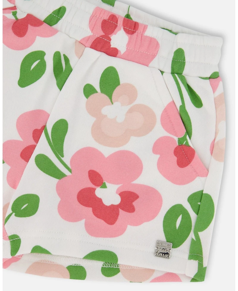Deux par Big Girls Printed French Terry Short Pink Flowers On White Background