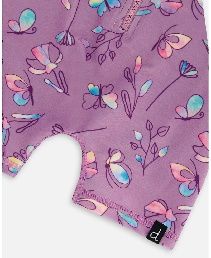 Deux par Deux Girl Printed Long Sleeve One-Piece Rashguard Old Mauve And Multicolored Butterflies - Toddler|Child