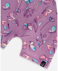 Deux par Deux Girl Printed Long Sleeve One-Piece Rashguard Old Mauve And Multicolored Butterflies - Toddler|Child