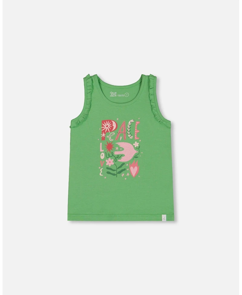 Deux par Deux Big Girls Organic Cotton Tank With Frills Flowers On Green Background