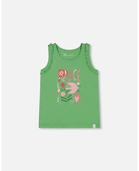 Deux par Deux Big Girls Organic Cotton Tank With Frills Flowers On Green Background