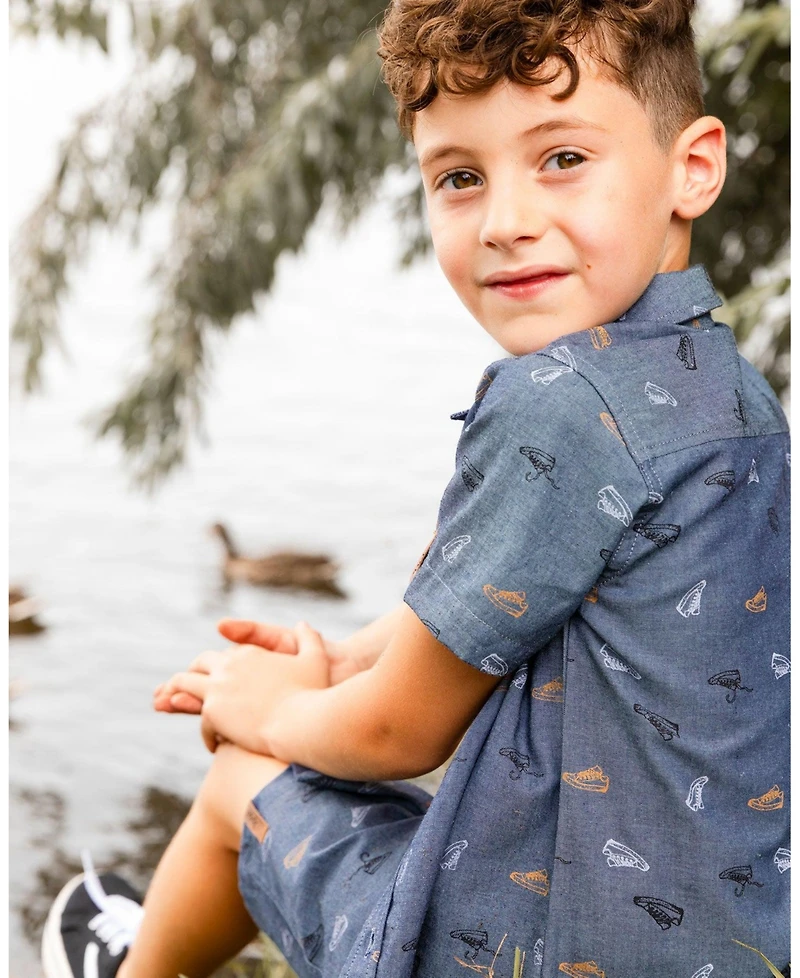Deux par Deux Toddler Boys Printed Chambray Short Gray, White And Tan - Toddler|Child