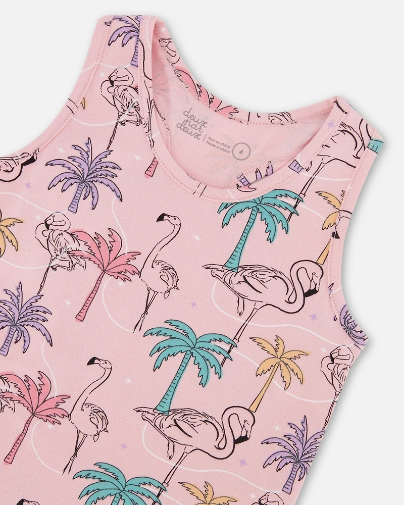 Deux par Deux Big Girls Printed Organic Cotton Tank Top With Fringe Palm Trees, Pink Flamingo, And Turquoise