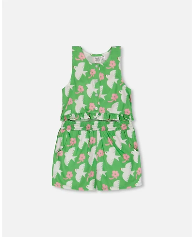 Deux par Toddler Girls Printed Romper With Frills Green White And Pink Bird - Toddler|Child