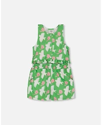 Deux par Toddler Girls Printed Romper With Frills Green White And Pink Bird - Toddler|Child