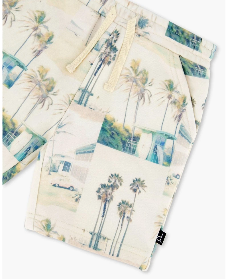Deux par Deux Baby Boys Printed French Terry Short Beige Palm Tree And Teal