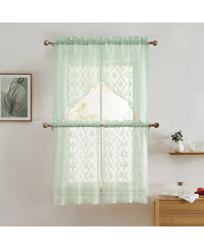 Hlc.me Isabella Floral Rod Pocket Lace Semi Sheer Voile Short Cafe Tiers for Small Windows - 28 x 36 Inch Length (Seafoam Green Tiers, Set of 2)
