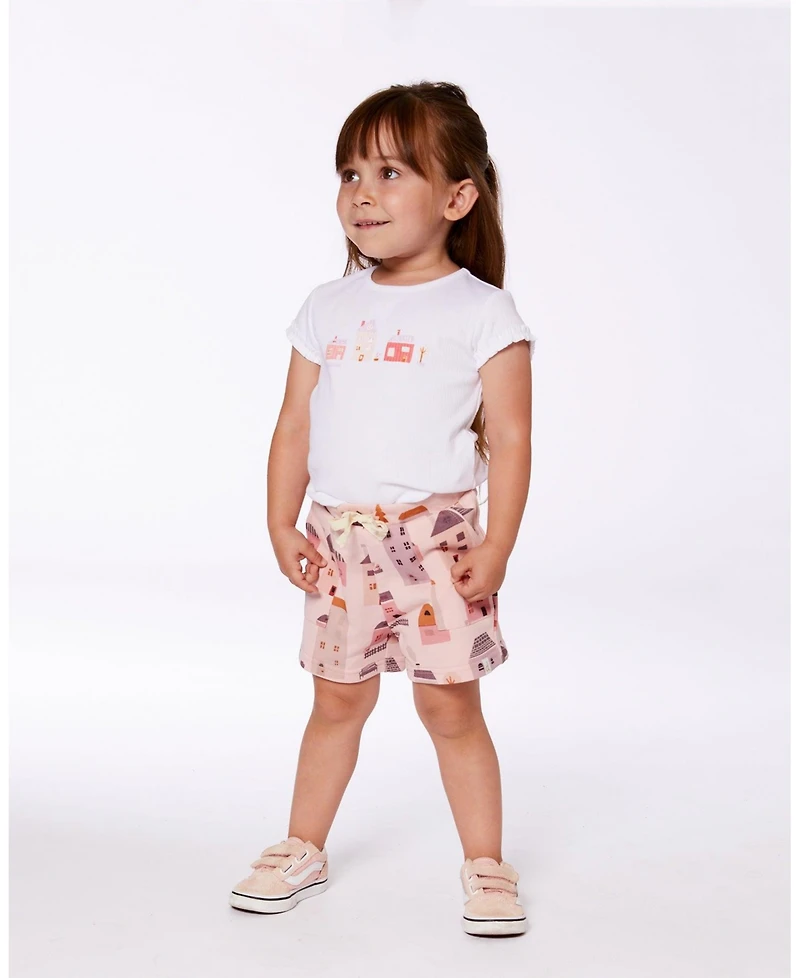 Deux par Deux Baby Girls Flat Back Rib Top With Print White And Pink House