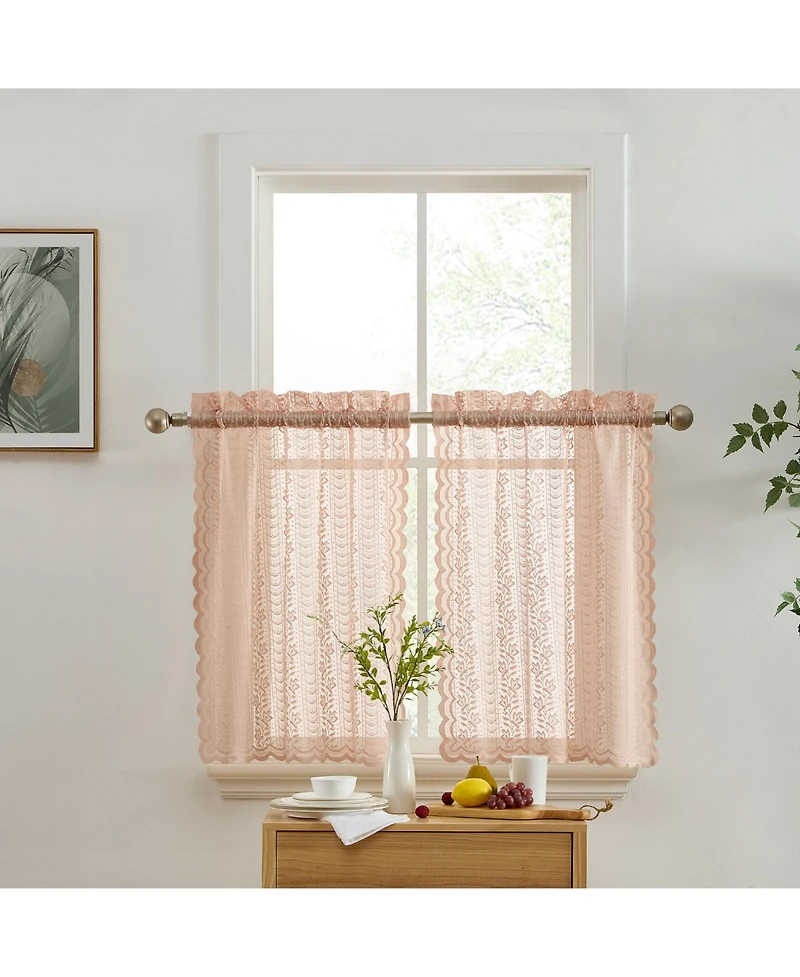 Hlc.me Sophia Floral Rod Pocket Lace Semi Sheer Voile Short Cafe Tiers for Small Windows - 28 x Inch Length (Blush Pink Tiers
