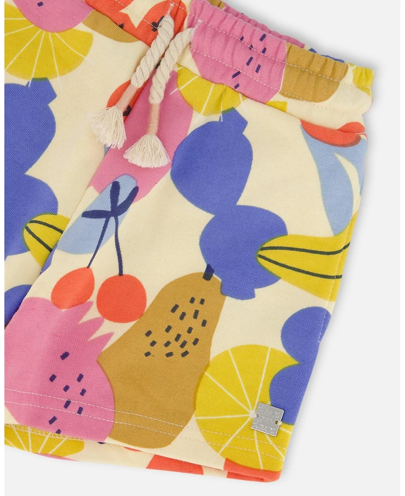 Deux par Toddler Girls Printed French Terry Short Fruits On Yellow Background - Toddler|Child