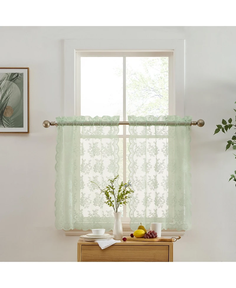 Hlc.me Jolene Floral Rod Pocket Lace Semi Sheer Voile Short Cafe Tiers for Small Windows - 28 x 24 Inch Length (Seafoam Green Tiers, Set of 2)