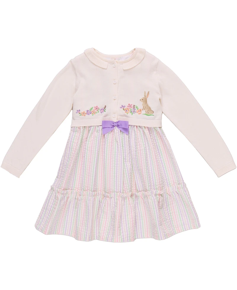 Bonnie Jean Little Girls Intarsia Bunny Sweater and Seersucker Dress