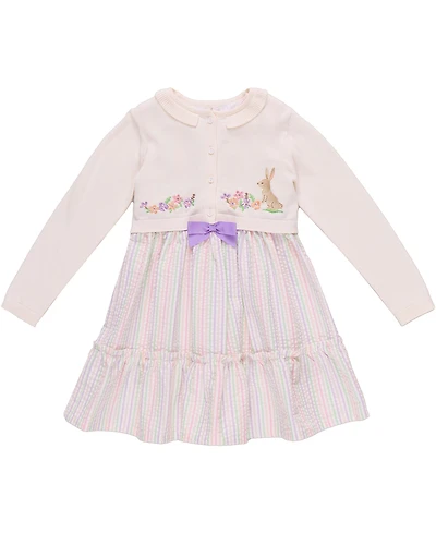 Bonnie Jean Little Girls Intarsia Bunny Sweater and Seersucker Dress