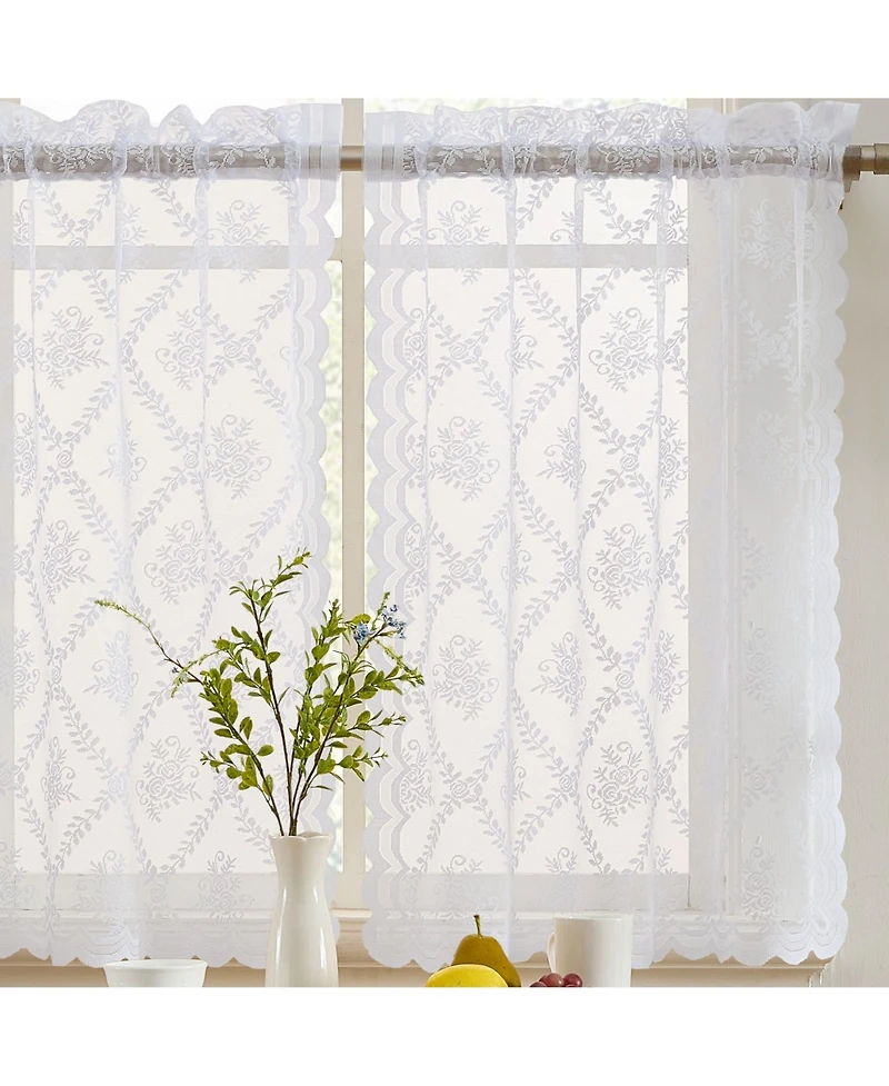 Hlc.me Isabella Floral Rod Pocket Lace Semi Sheer Voile Short Cafe Tiers for Small Windows - 28 x Inch Length (White Tiers
