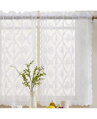 Hlc.me Isabella Floral Rod Pocket Lace Semi Sheer Voile Short Cafe Tiers for Small Windows - 28 x Inch Length (White Tiers