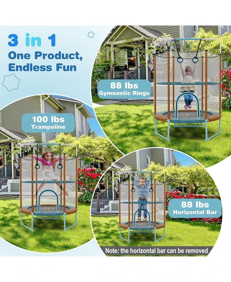 60" Trampoline with Gymnastic Bar and Rings for Kids