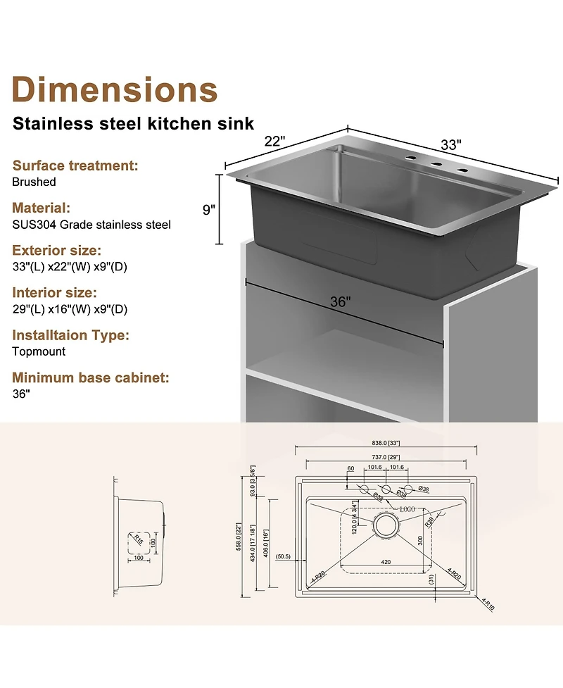 Casainc 33" L x 22" W Single Bowl Stainless Steel Drop-in Workstation Kitchen Sink with Accessories
