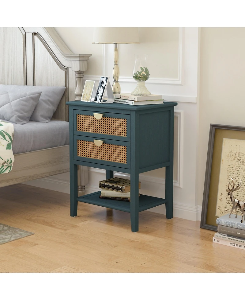 2 Drawer Nightstand Bedside Table with Rattan Drawers Side Table End Table with Storage Small Nightstand with Open Shelf for Bedroom
