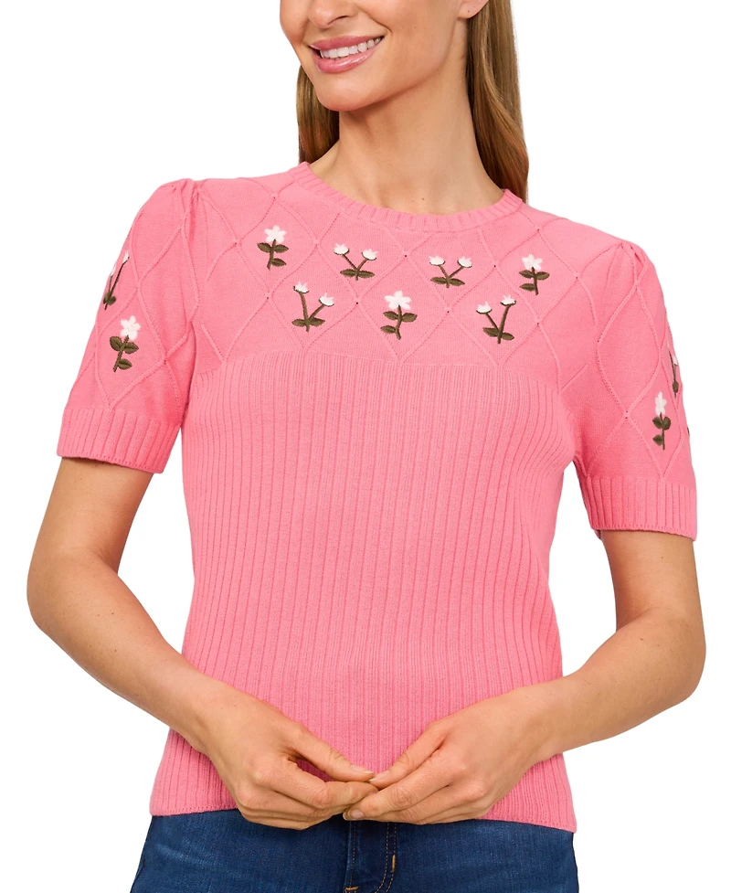 CeCe Women's Crewneck Flower Embroidered Short Sleeve Cotton Sweater