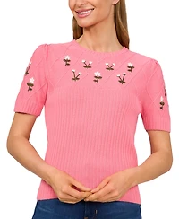 CeCe Women's Crewneck Flower Embroidered Short Sleeve Cotton Sweater