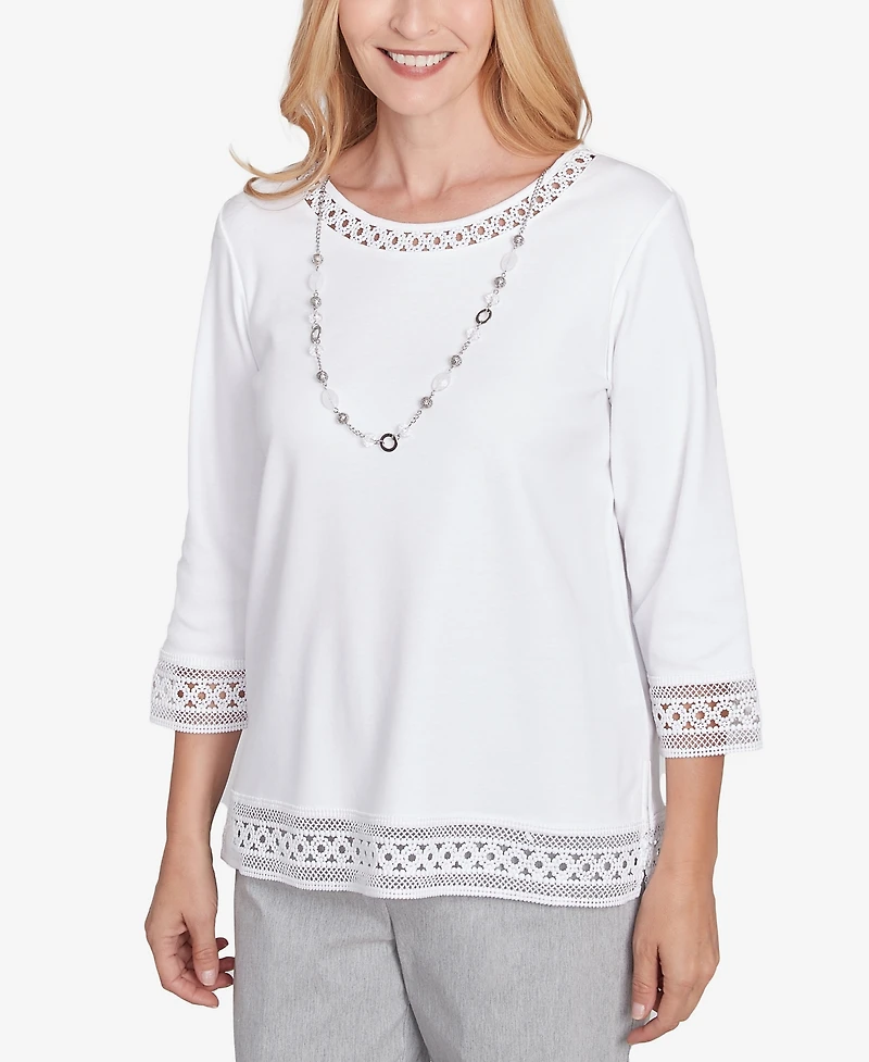 Alfred Dunner Women's Dress Code Solid Lace Trim Top with Necklace