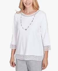 Alfred Dunner Women's Dress Code Solid Lace Trim Top with Necklace