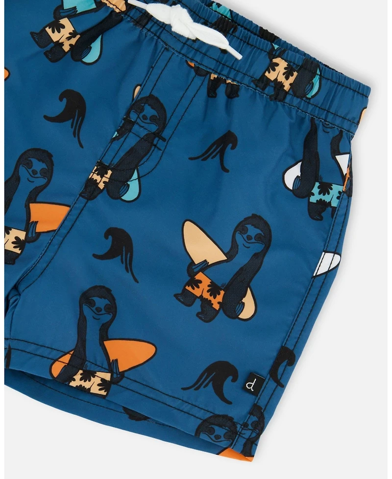 Deux par Deux Baby Boys Printed Swim Trunks Orange Sloths On Navy Blue