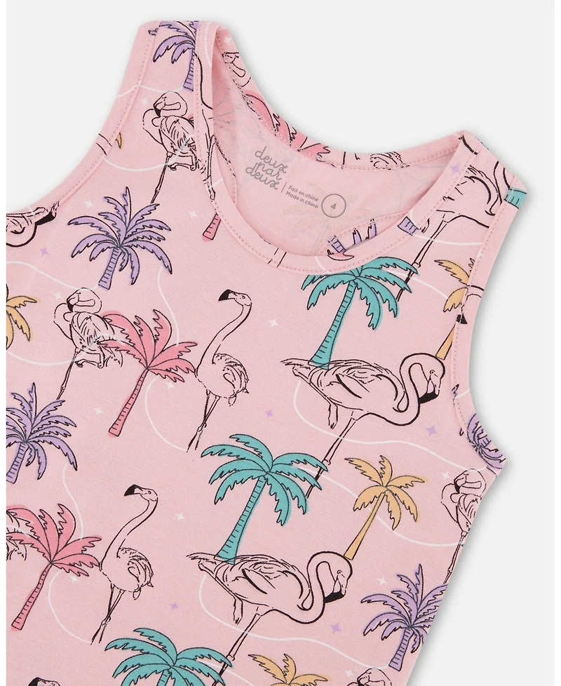 Deux par Deux Toddler Girls Printed Cotton Tank Top With Fringe Palm Trees, Pink Flamingo, And Turquoise - Toddler|Child