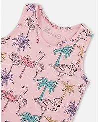 Deux par Deux Toddler Girls Printed Cotton Tank Top With Fringe Palm Trees, Pink Flamingo, And Turquoise - Toddler|Child