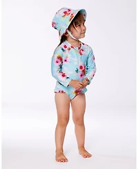 Deux par Deux Baby Girls Printed One-Piece Rashguard With Frills Turquoise And Pink Flowers
