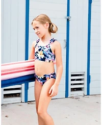 Deux par Deux Girl Printed Two-Piece Swimsuit Navy And Yellow And Pink Flowers - Toddler|Child
