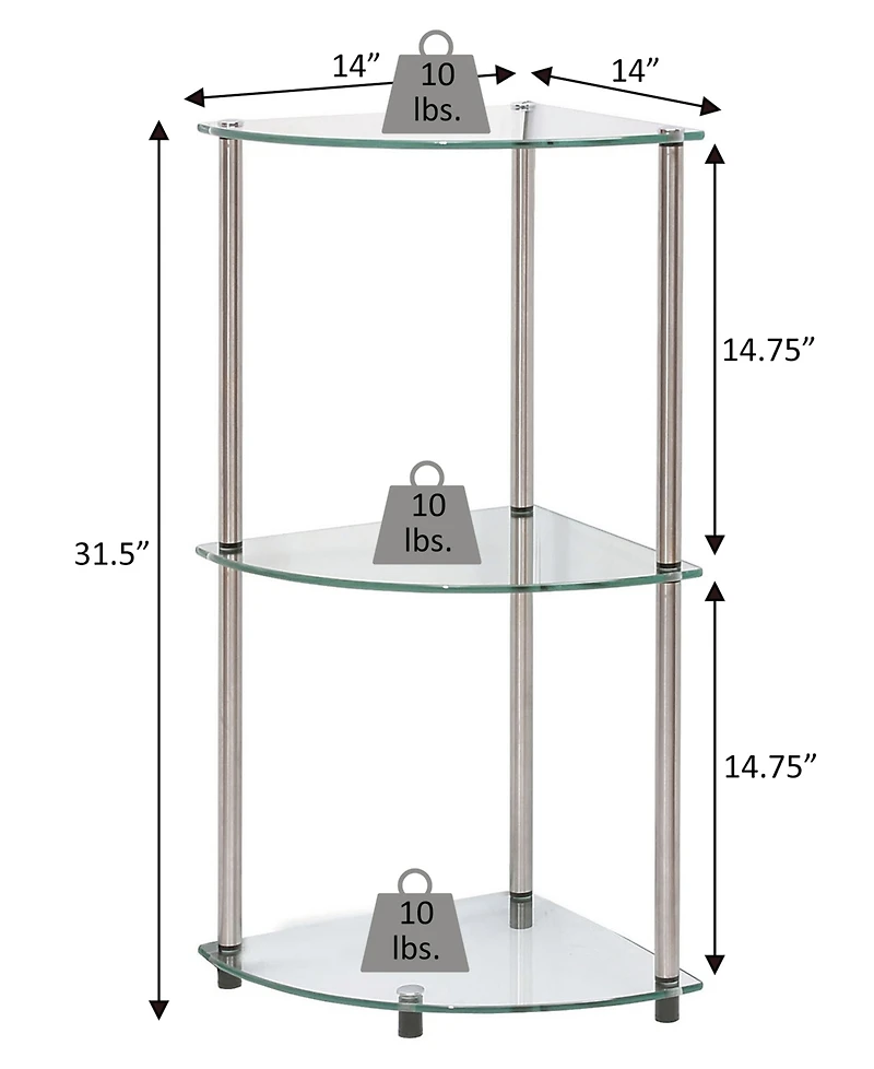 Convenience Concepts 13.75" Glass Designs2Go Classic 3 Tier Corner Shelf