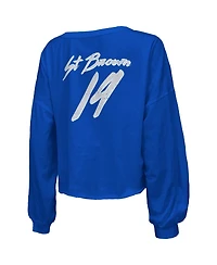 Majestic Women's Amon-Ra St. Brown Blue Detroit Lions Name Number Off-Shoulder Script Cropped Long Sleeve V-Neck T-Shirt